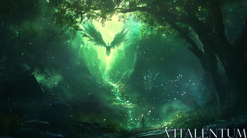 Winged light form above robed figure in dense forest clearing.
