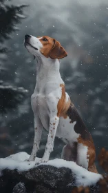 Beagle standing alert on snowy rock in gentle snowfall.