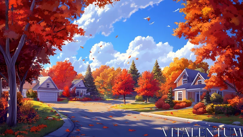 Golden suburban street glows under vivid autumn foliage.