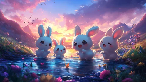 Digital painting of kawaii rabbits in luminous river valley sunset.