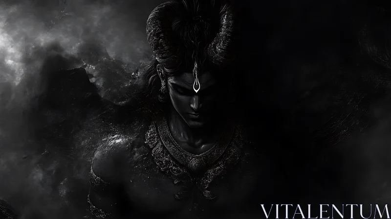 Horned shadow deity emerges from swirling darkness