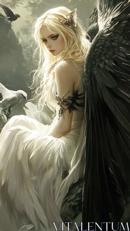 Twilight winged maiden between doves and ravens, half-shadowed.