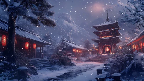 Snowlit pagoda courtyard with glowing red lanterns at dusk.