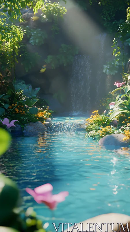Shaded garden pool with small waterfall and dense foliage.