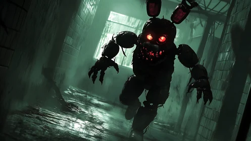 Mechanical rabbit figure advances through dim corridor scene
