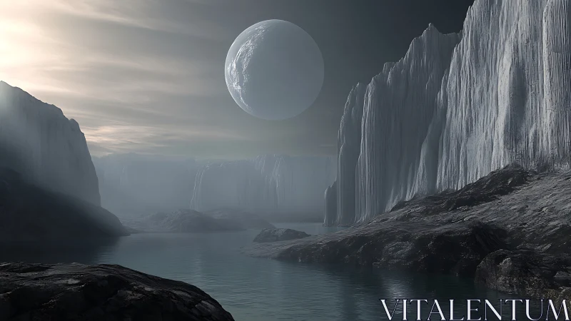 Frozen alien fjord lies beneath a looming, misty planet