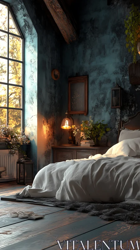 Sunlit rustic bedroom with moody teal walls and textures.