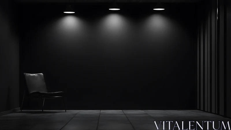 Minimalist black interior with spotlighted accent wall.