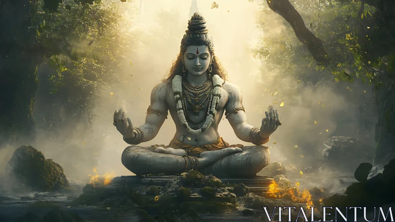 Monumental stone yogic deity in misty forest sanctum, meditating