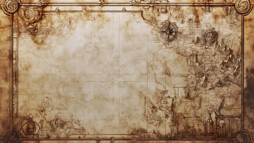 Antique fantasy world map with ornate cartographic border.