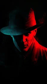 Noir detective portrait in split red and cyan light.