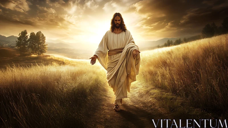 Figure in robe walks along rural path at intense sunset