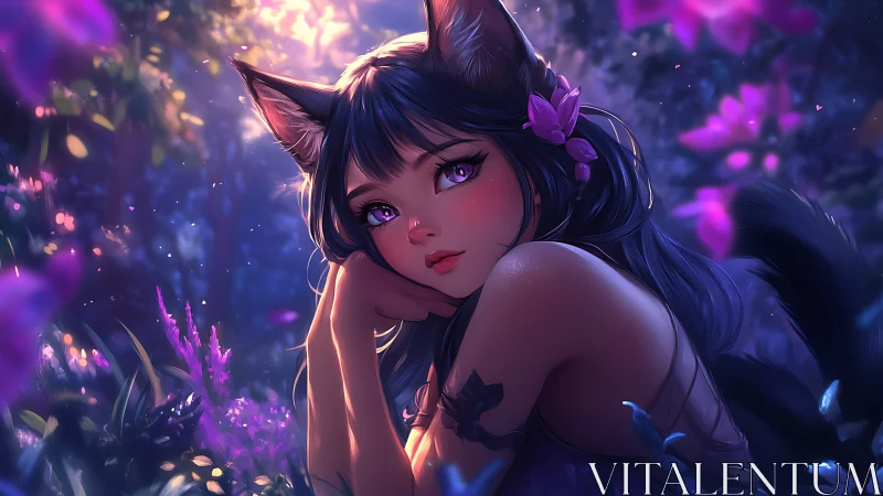 Enchanted catgirl muse beneath glowing twilight blossoms.