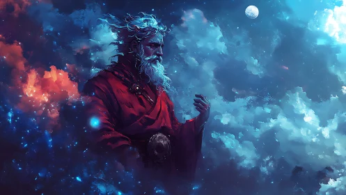 Cosmic robed mage rendered in high-contrast nebular color fields