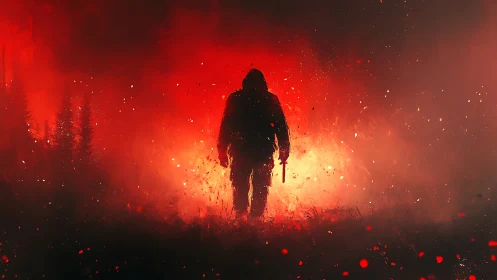 Silhouetted figure advances through red backlit smoke with knife drawn