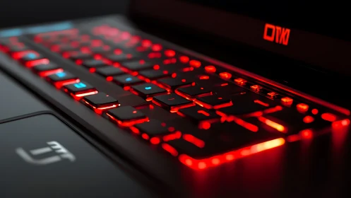 Glowing red gaming laptop keyboard in shallow focus.