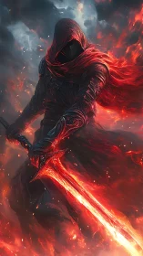 Hooded flame warrior brandishes a blazing infernal sword.