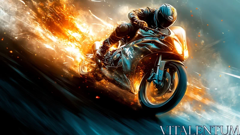 Motorcycle rider leans into corner amid stylized fire trail