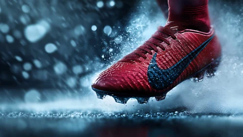 Red soccer cleat slicing through wet turf in motion blur.