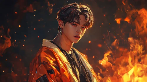 Digital portrait shows young figure framed by rising flames