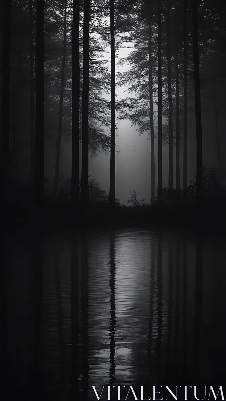 Foggy forest shoreline wrapped in quiet moonlit reflections.