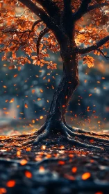 Autumn tree with swirling leaves in cinematic shallow focus.