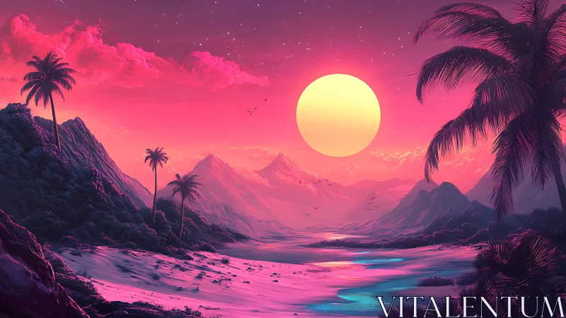 Neon tropical coastline under large sun with distant mountains.