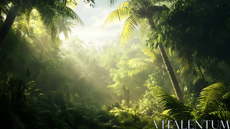 Tropical Rainforest Canopy with Crepuscular Light Rays and Verdant Palm Fronds