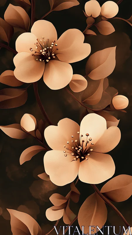Peach Blossoms with Brown Stems Against Dark Background