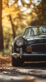 Classic black coupe on sunlit autumn forest road.