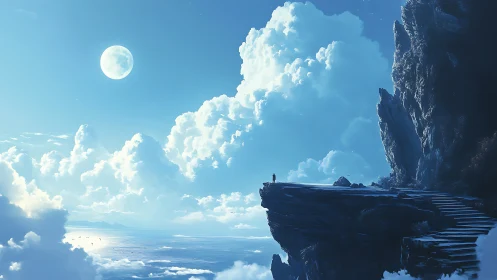 Solitary Figure Contemplates Sky From Cloud-Piercing Cliff