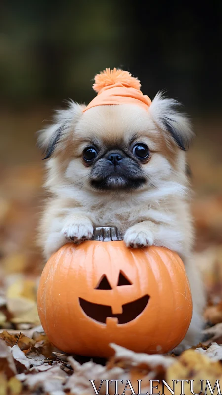 Small dog with pumpkin bucket in autumn leaves scene.