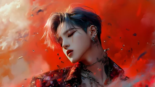 Androgynous figure in red atmospheric digital portrait scene.