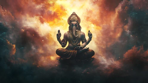 Divine elephant-headed deity statue in glowing cosmic clouds