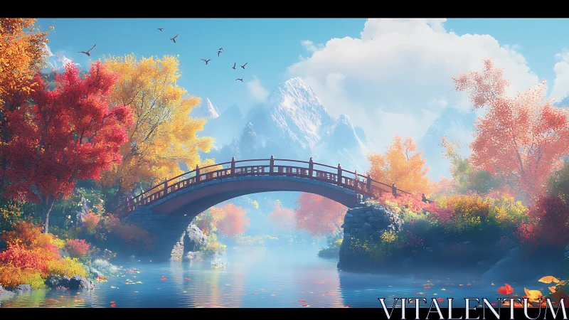 Arched wooden bridge spans a misty autumn river at sunrise