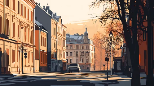 Sunlit European street rendered in minimalist digital vectors