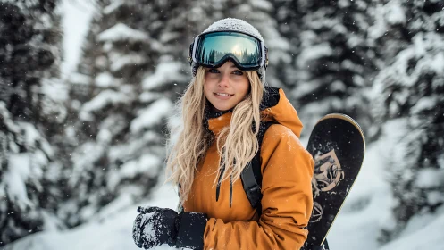 Snowboarder portrait in conifer forest, shallow depth-of-field