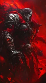 Armored dark figure stands in red abstract environment