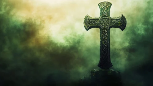 Weathered Celtic stone cross rising in luminous green mist