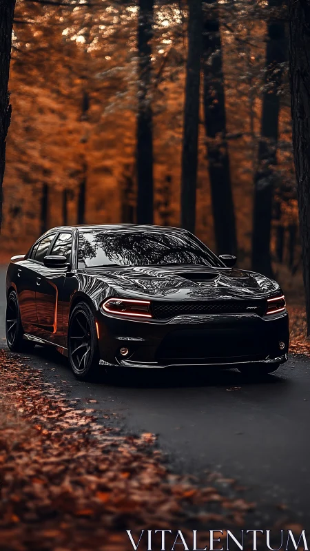 Midnight muscle car prowls through ember-lit autumn forest.