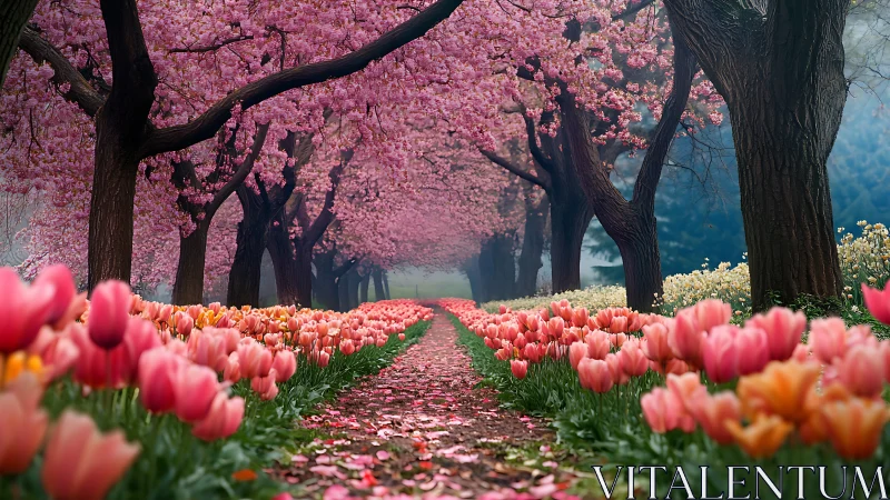 Cherry Blossom Tunnel with Tulip Garden Pathway.