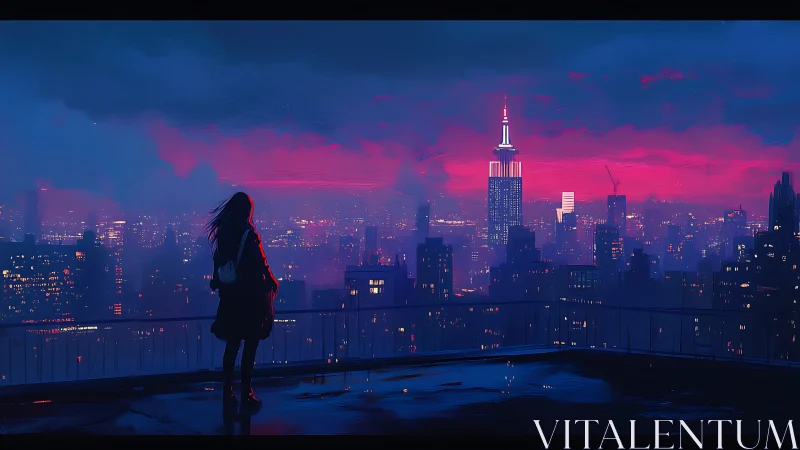 Midnight rooftop pause above a neon painted city skyline.