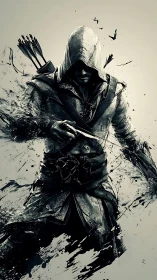 Hooded rogue in fragmented ink splatter combat stance.