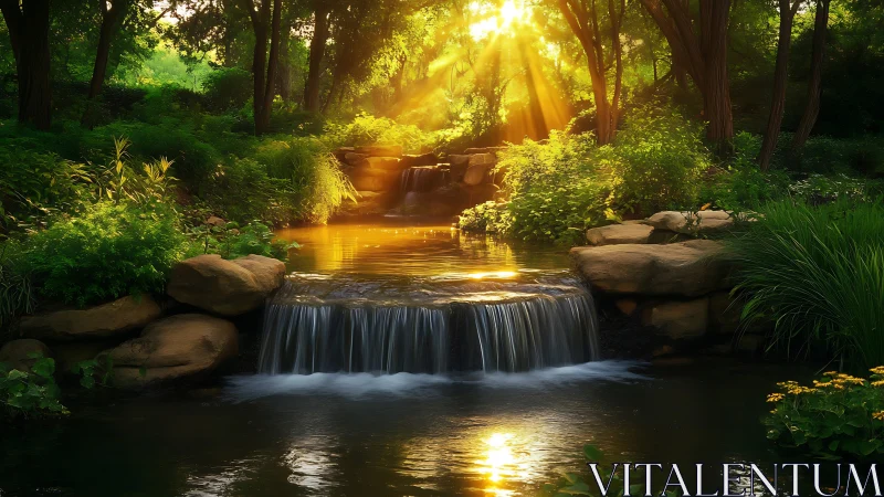 Golden sunlight bathes a tranquil forest waterfall at dawn