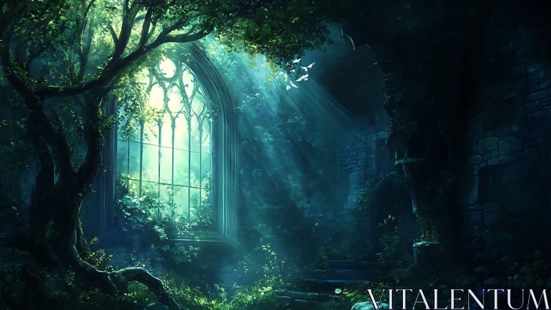 Overgrown gothic window in dim forest interior ruin.