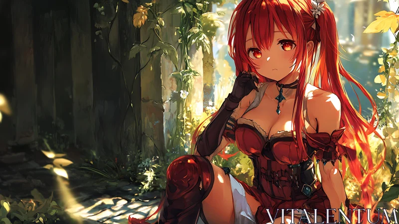 Red-haired anime girl sits in overgrown sunlit ruin space