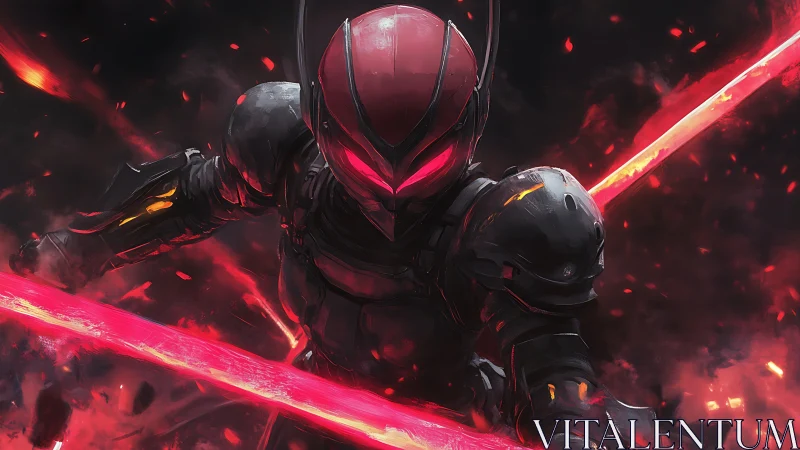 Armored cyber warrior lunges with twin blazing energy blades.