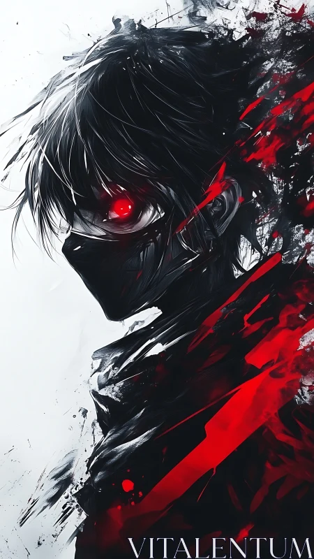 Red-eyed shadow wraith in splintered crimson motion.