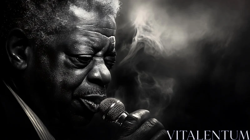 Monochrome close-up captures soulful singer in smoky ambience