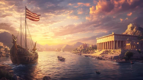 Ancient harbor scene shows trireme near classical temple at dusk